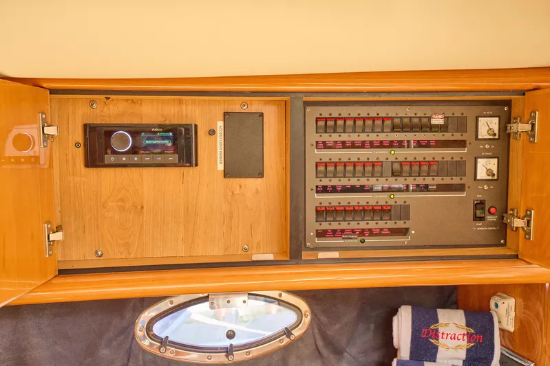 Distraction Yacht Photos Pics Electrical control panel inside a 2000 Sunseeker Camargue 50 yacht.