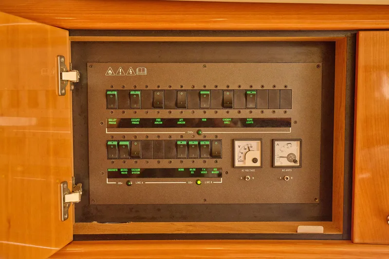 Distraction Yacht Photos Pics Electrical control panel on a 2000 Sunseeker Camargue 50 yacht.