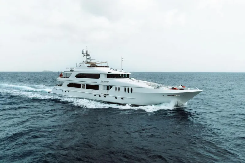 Just Enough Yacht Photos Pics Luxurious 2012 Ares Custom Marine 141 yacht cruising on open sea.