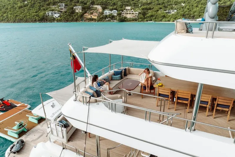 Just Enough Yacht Photos Pics Luxury yacht Ares Custom Marine 141, 2012, with people relaxing on deck, scenic ocean view.