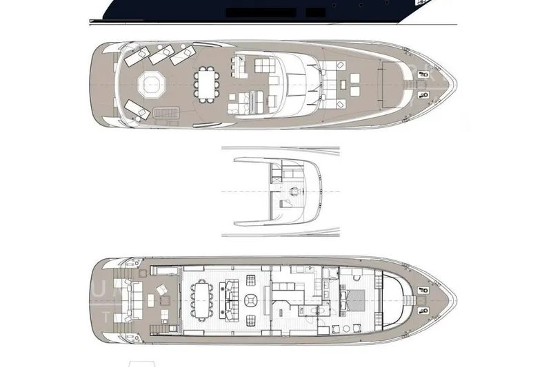 Eden Yacht Photos Pics Floor plan of 2022 Maiora 30 Walkaround luxury yacht, showcasing detailed layout.