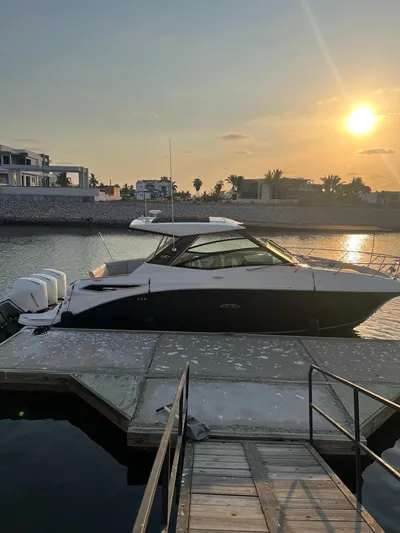 Mi Olvido Yacht Photos Pics 2023 Sea Ray Sundancer 320 Outboard docked at sunset, serene waterfront view.