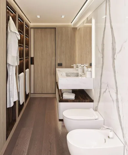 Eden Yacht Photos Pics Luxurious bathroom interior on 2022 Maiora 30 Walkaround yacht, featuring modern fixtures and elegant design.