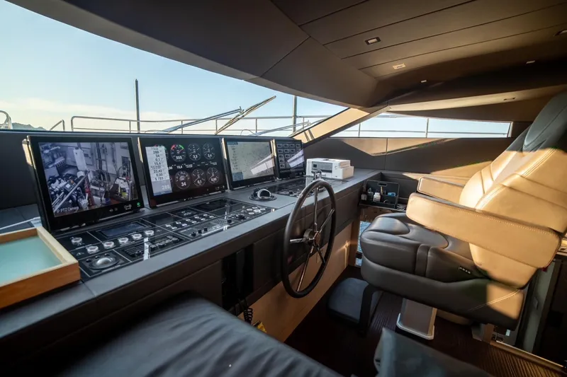 Eden Yacht Photos Pics Luxurious 2022 Maiora 30 Walkaround yacht cockpit with advanced navigation systems.