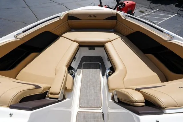  Yacht Photos Pics 2024 Sea Ray 280 SLX boat interior with tan leather seating and modern design.