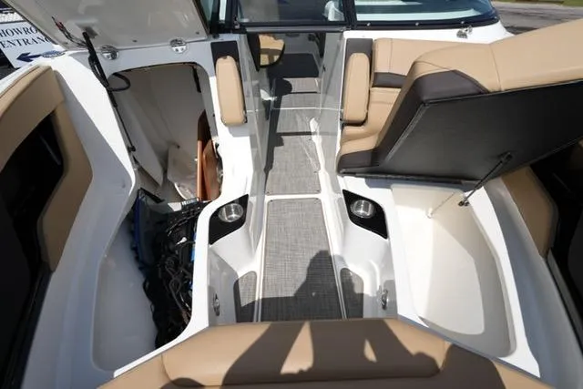  Yacht Photos Pics 2024 Sea Ray 280 SLX boat interior with beige seating and modern design.