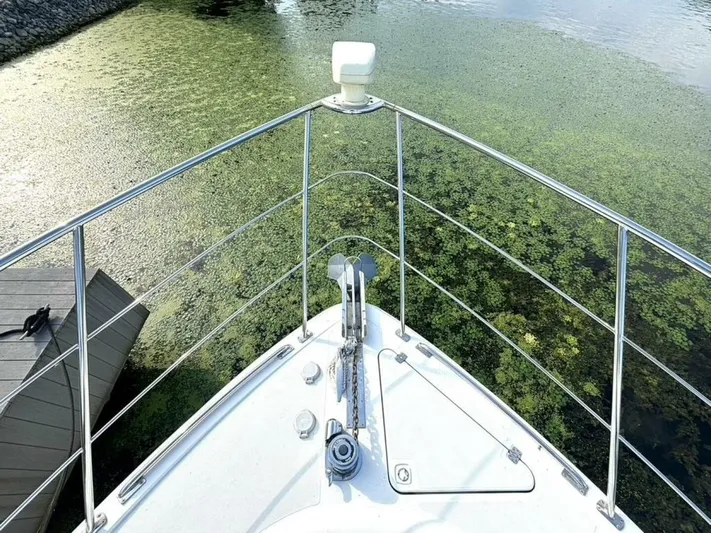  Yacht Photos Pics Bow view of 2004 Carver 466 Motor Yacht on calm, algae-covered water.