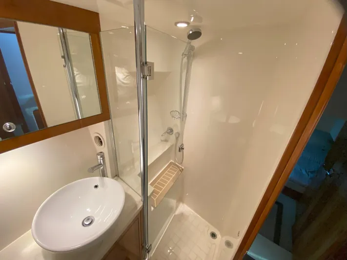  Yacht Photos Pics 2016 Riviera 43 Open Flybridge bathroom with shower and sink.