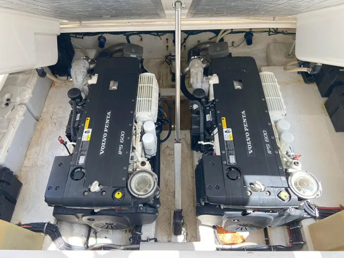  Yacht Photos Pics 2016 Riviera 43 Open Flybridge engine room with twin Volvo Penta IPS 600 engines.