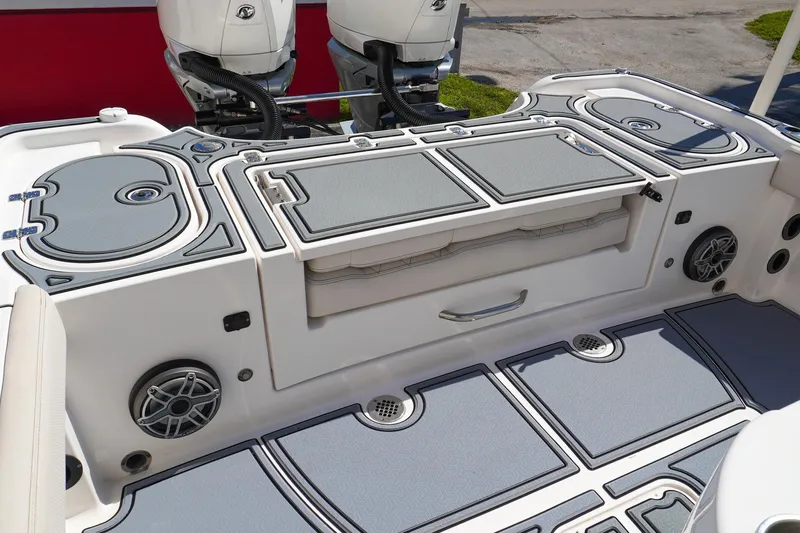  Yacht Photos Pics 2021 Blue Wave Boats Makaira deck with storage compartments and dual engines.