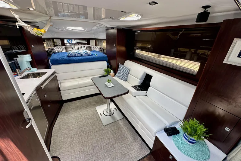 Relentless Yacht Photos Pics Luxurious interior of 2020 Monterey 355 Sport Yacht with modern furnishings and elegant design.