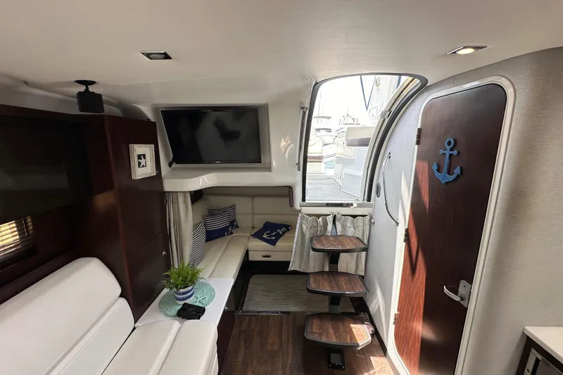 Relentless Yacht Photos Pics Interior of 2020 Monterey 355 Sport Yacht with modern seating and nautical decor.