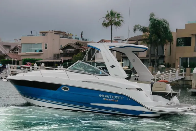 Relentless Yacht Photos Pics 2020 Monterey 355 Sport Yacht in marina, sleek design, blue and white exterior.