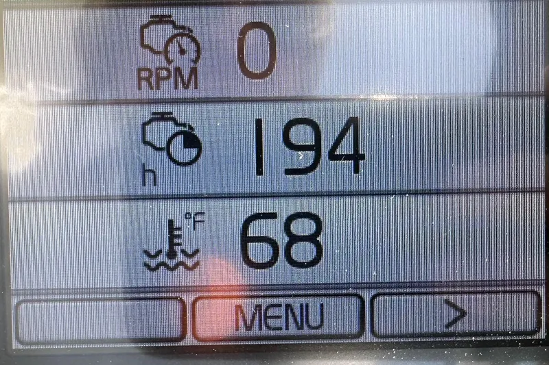 Relentless Yacht Photos Pics Display screen of 2020 Monterey 355 Sport Yacht showing RPM, engine hours, and temperature.