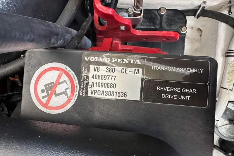 Relentless Yacht Photos Pics Volvo Penta engine label on 2020 Monterey 355 Sport Yacht, showing model and specifications.