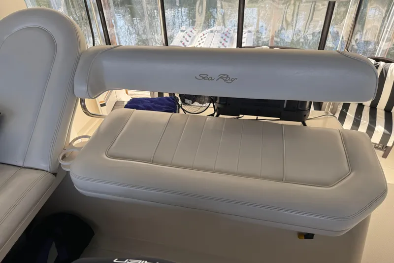  Yacht Photos Pics 1997 Sea Ray 370 Aft Cabin interior with white leather seating.