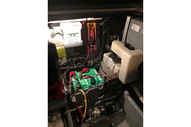  Yacht Photos Pics Engine room of 1997 Sea Ray 370 Aft Cabin with batteries and wiring.