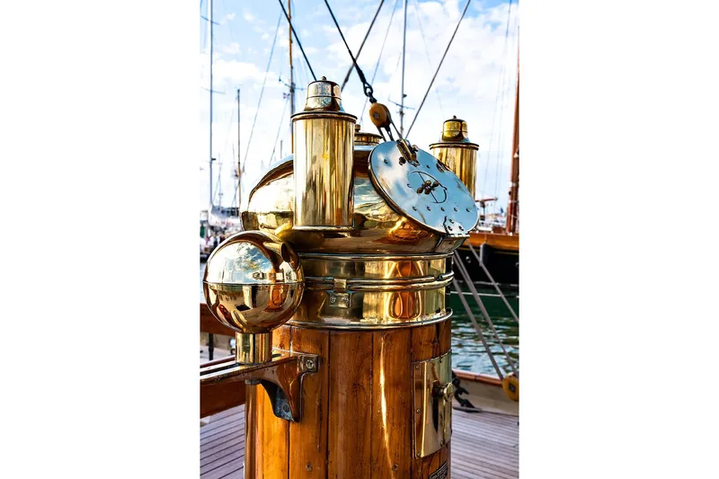 Invader Yacht Photos Pics Brass binnacle on 1905 Gaff Schooner by G. LAWLEY & Son Corporation, USA.