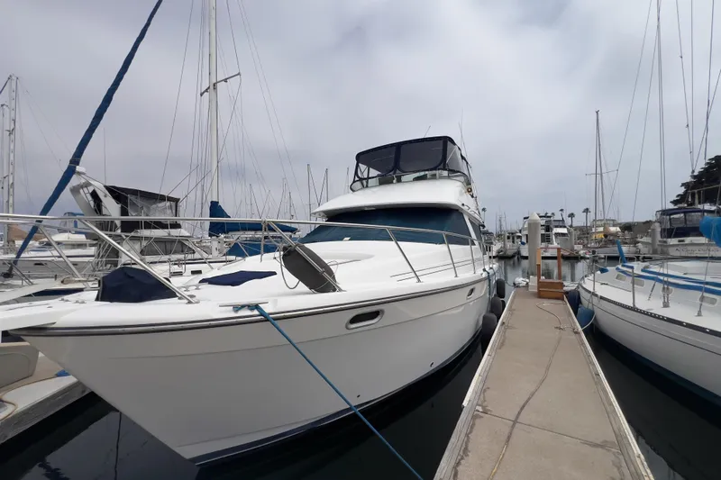  Yacht Photos Pics 1999 Bayliner 3988 Command Bridge Motoryacht docked at marina, surrounded by sailboats.