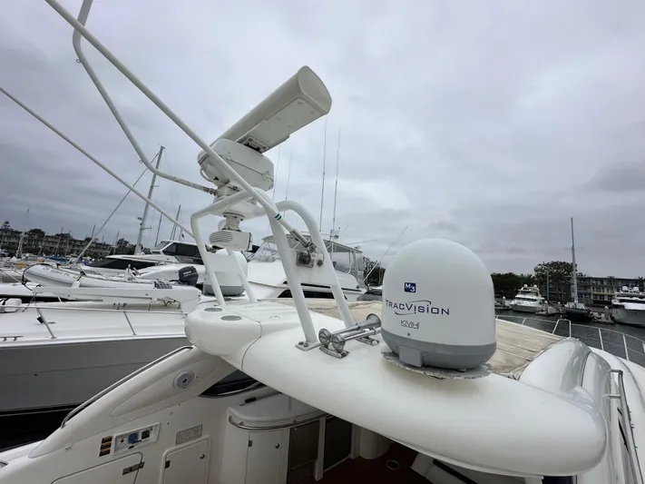  Yacht Photos Pics Sunseeker Predator 60 yacht, 2000 model, docked with radar and navigation equipment visible.