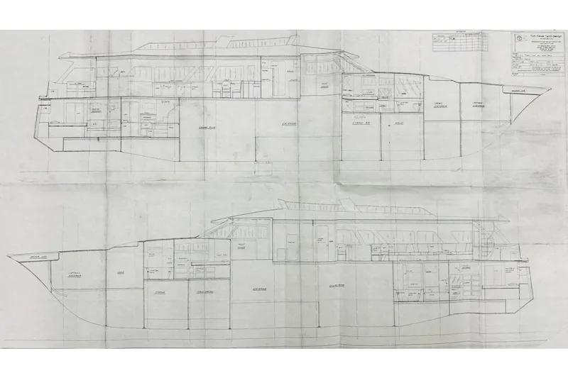 First Home Yacht Photos Pics Blueprint of 1988 Cheoy Lee 92 yacht, detailed interior and exterior layout.