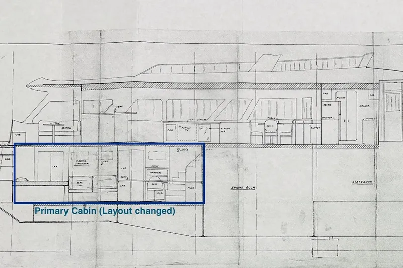 First Home Yacht Photos Pics Blueprint of 1988 Cheoy Lee 92 yacht, highlighting primary cabin layout changes.
