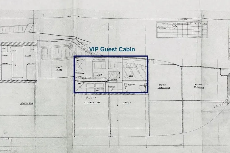 First Home Yacht Photos Pics Blueprint of 1988 Cheoy Lee 92 yacht, highlighting VIP guest cabin layout.