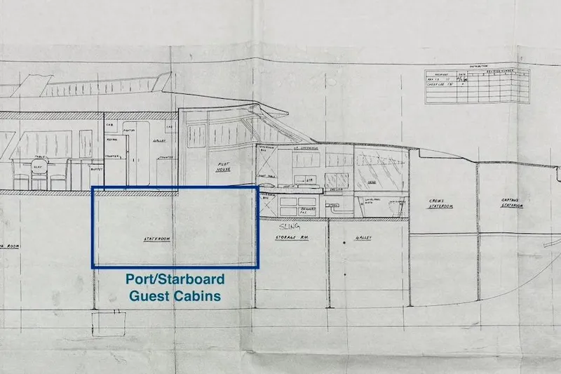 First Home Yacht Photos Pics Blueprint of 1988 Cheoy Lee 92 yacht, highlighting port/starboard guest cabins.