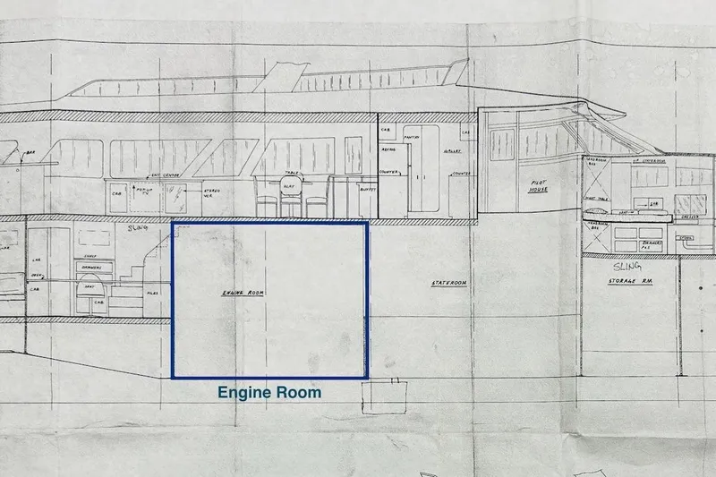 First Home Yacht Photos Pics Blueprint of 1988 Cheoy Lee 92 yacht, highlighting the engine room section.