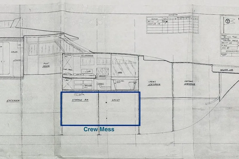 First Home Yacht Photos Pics Blueprint of 1988 Cheoy Lee 92 yacht, highlighting crew mess and storage areas.