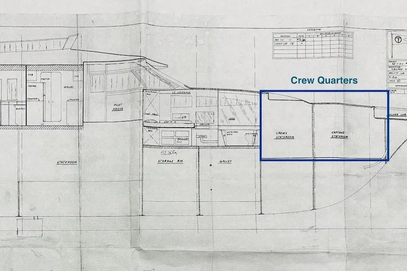 First Home Yacht Photos Pics Blueprint of 1988 Cheoy Lee 92 yacht, highlighting crew quarters and stateroom layout.