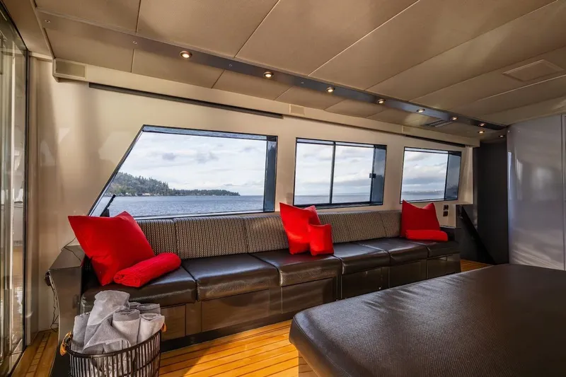 First Home Yacht Photos Pics Luxurious interior of 1988 Cheoy Lee 92 yacht with scenic ocean view.