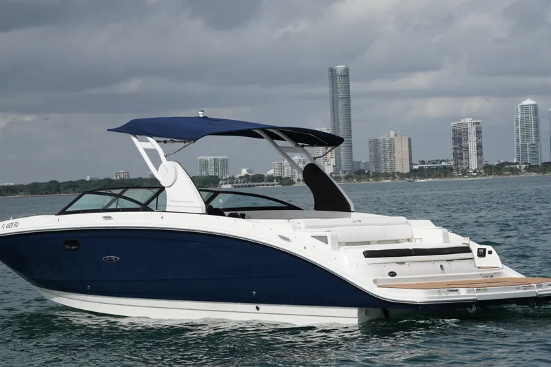  Yacht Photos Pics 2018 Sea Ray SDX 290 boat cruising near city skyline under cloudy skies.