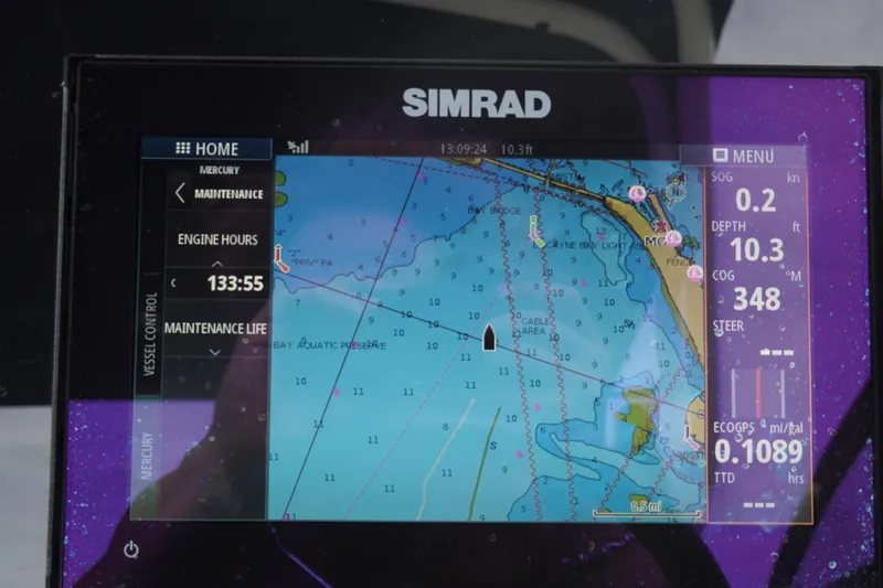  Yacht Photos Pics Simrad marine navigation display on 2018 Sea Ray SDX 290, showing map and engine data.