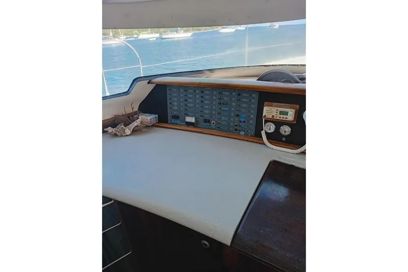  Yacht Photos Pics Control panel of 1995 Fountaine Pajot Marquises 56 catamaran with ocean view.