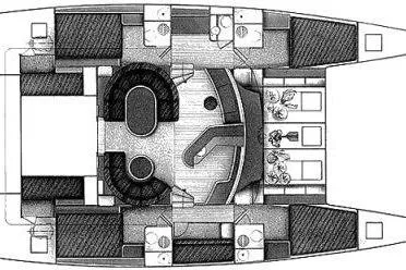  Yacht Photos Pics Floor plan of 1995 Fountaine Pajot Marquises 56 catamaran, showcasing interior layout and design.