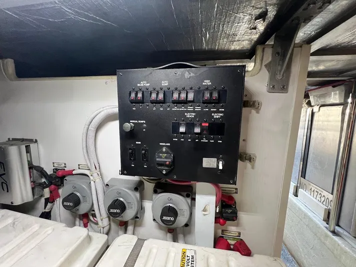 Roweboat Yacht Photos Pics Electrical panel in a 2006 Carver 56 Voyager boat engine room.