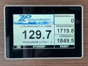 Martina Yacht Photos Pics Display screen on Lagoon 46 showing water production and consumption metrics.