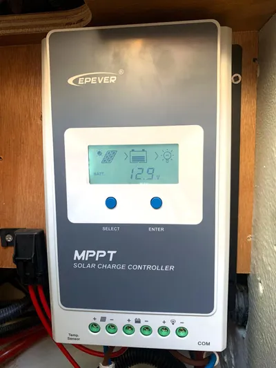 Martina Yacht Photos Pics MPPT solar charge controller displaying 12.9V, installed on a Lagoon 46, 2021 model.