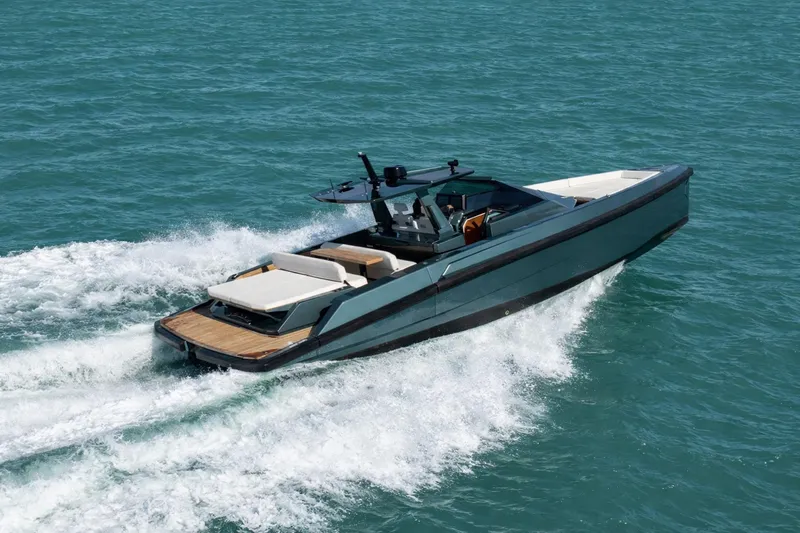 Wally Yacht Photos Pics 2021 Wally 48 Wally Tender cruising on open water, showcasing sleek design and luxury.
