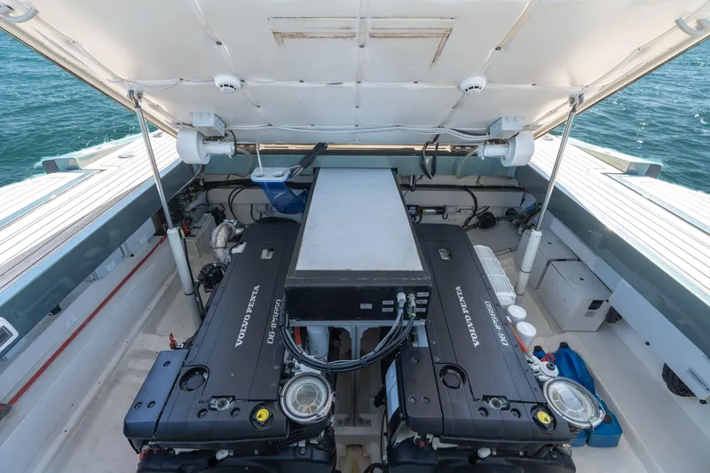 Wally Yacht Photos Pics Engine compartment of 2021 Wally 48 Wally Tender with Volvo Penta engines, open hatch view.
