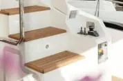  Yacht Photos Pics Staircase on 2020 Azimut Fly 72 yacht with wooden steps and railing.