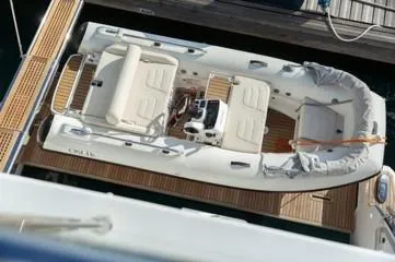  Yacht Photos Pics Aerial view of a 2020 Azimut Fly 72 yacht with a tender boat.