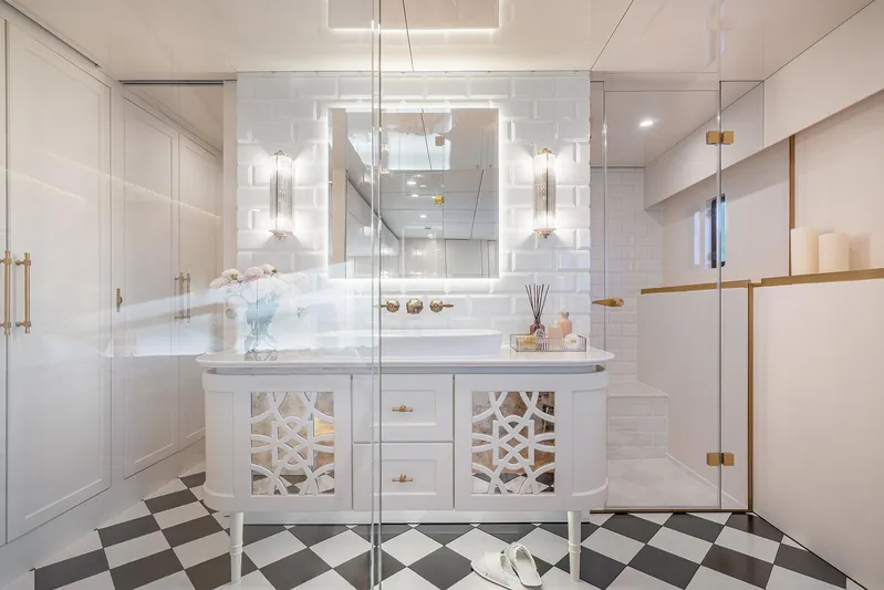  Yacht Photos Pics Luxurious bathroom on 2026 Sunreef 100 Power yacht with elegant design and modern fixtures.