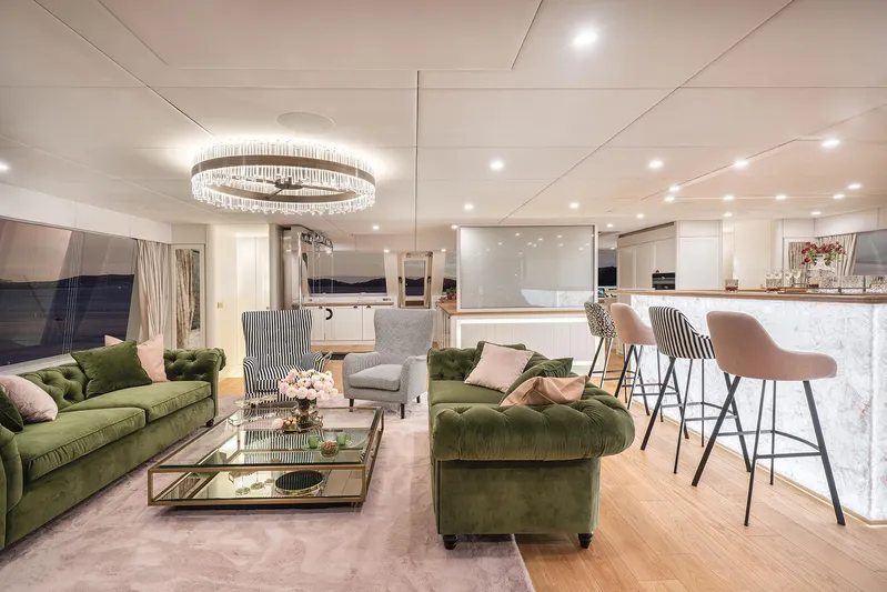  Yacht Photos Pics Luxurious interior of 2026 Sunreef 100 Power yacht with elegant seating and modern decor.