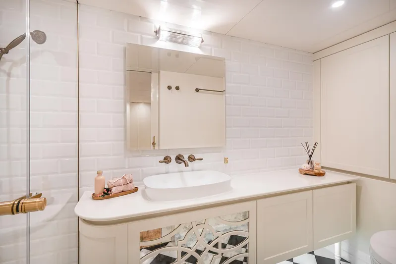  Yacht Photos Pics Luxurious bathroom on 2026 Sunreef 100 Power yacht with modern fixtures and elegant design.