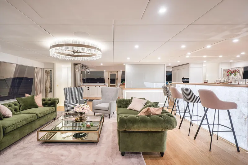  Yacht Photos Pics Luxurious interior of 2026 Sunreef 100 Power yacht with elegant seating and modern decor.