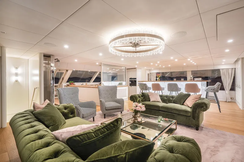  Yacht Photos Pics Luxurious interior of 2026 Sunreef 100 Power yacht with elegant seating and modern lighting.