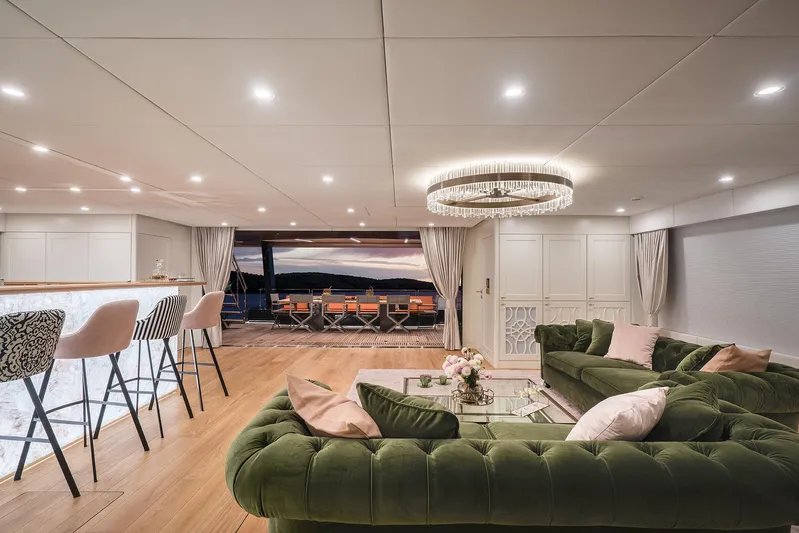  Yacht Photos Pics Luxurious interior of 2026 Sunreef 100 Power yacht with elegant seating and modern lighting.