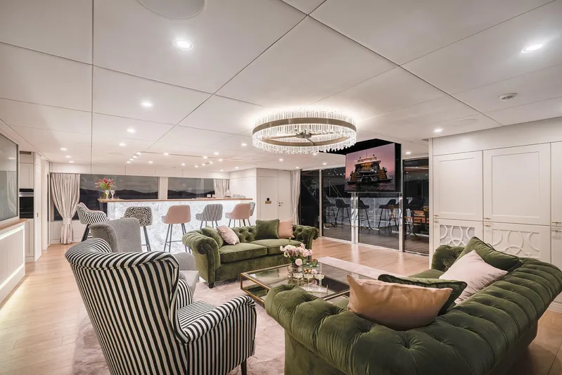  Yacht Photos Pics Luxurious interior of 2026 Sunreef 100 Power yacht with elegant seating and modern decor.